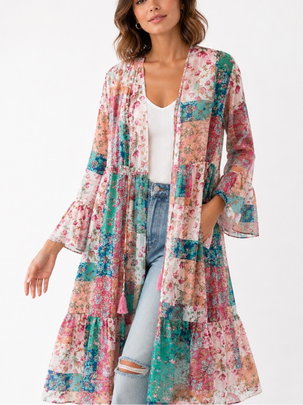 Heyson Patchwork Kimono Duster - Patchwork Print - Floral - Tassel Tie